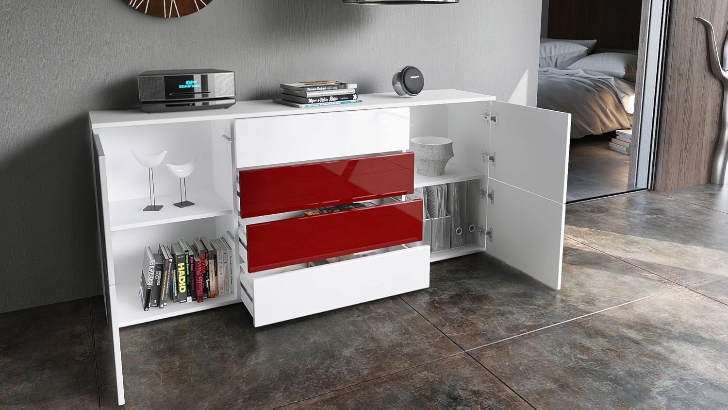 Vladon Sideboard Rova, Made in Germany, Kommode mit 4 Türen und 4 Schubladen, Weiß matt/Weiß Hochglanz/Beton Oxid Optik (166 x 72 x 35 cm)