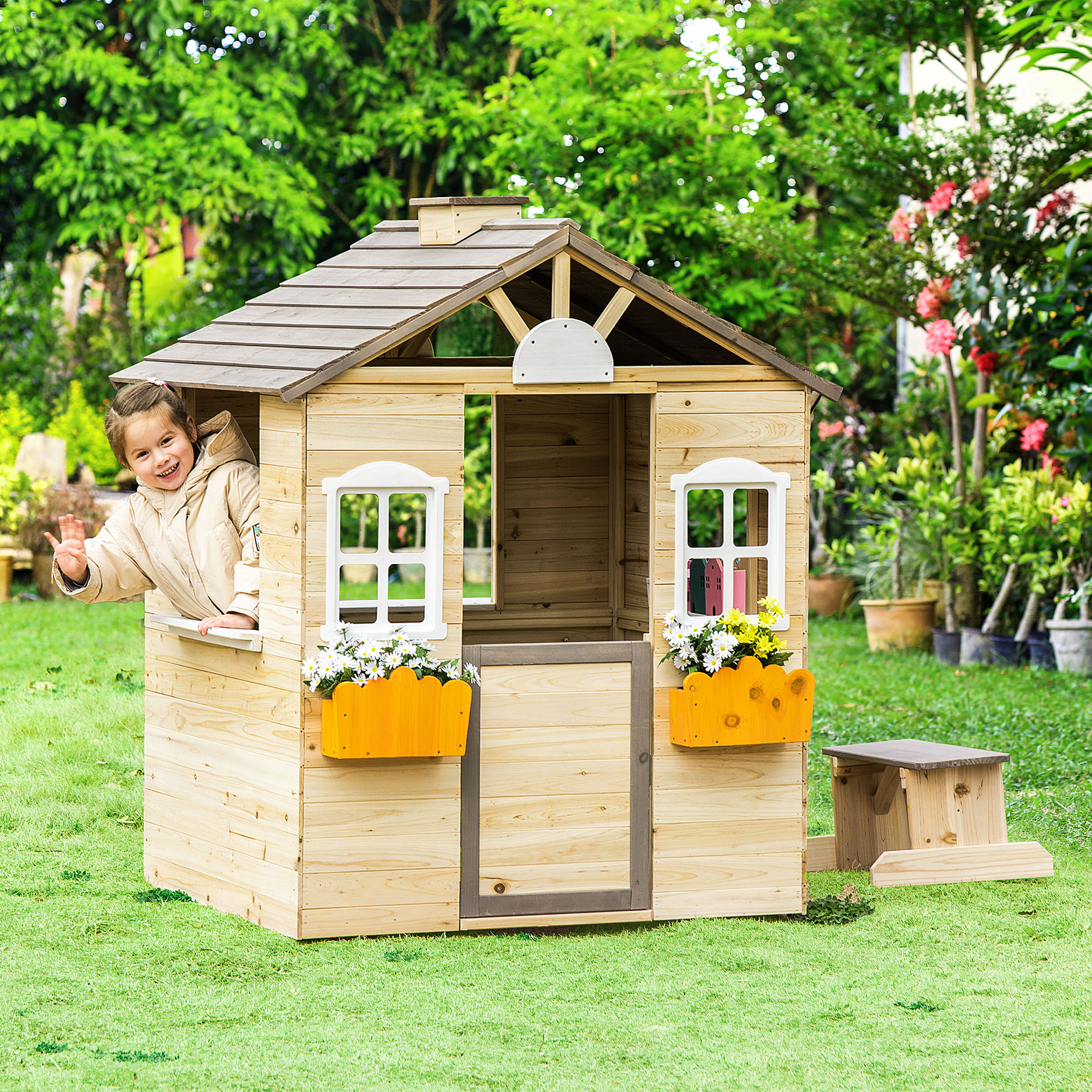 Outsunny speelhuis voor kinderen, houten kinderspeelhuis met raam, brievenbus, buitentuin speelhuis met bloempottenrek, houten speelhuis voor 3-7 jaar, dennenhout, naturel, 113 x 94 x 134,5 cm