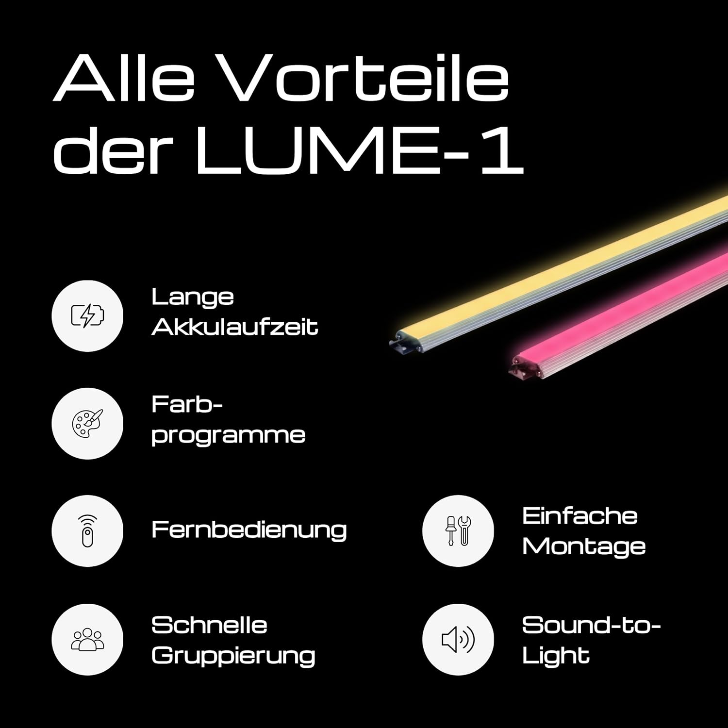 Lume1 Sonnenschirmbeleuchtung mit Fernbedienung, Lampen für Gastronomie, 4 LED Leisten, warmweiß mit 1000 Lumen, 2700 Kelvin, angenehme Beleuchtung, Akku enthalten (smart 4er Set Mo2026)