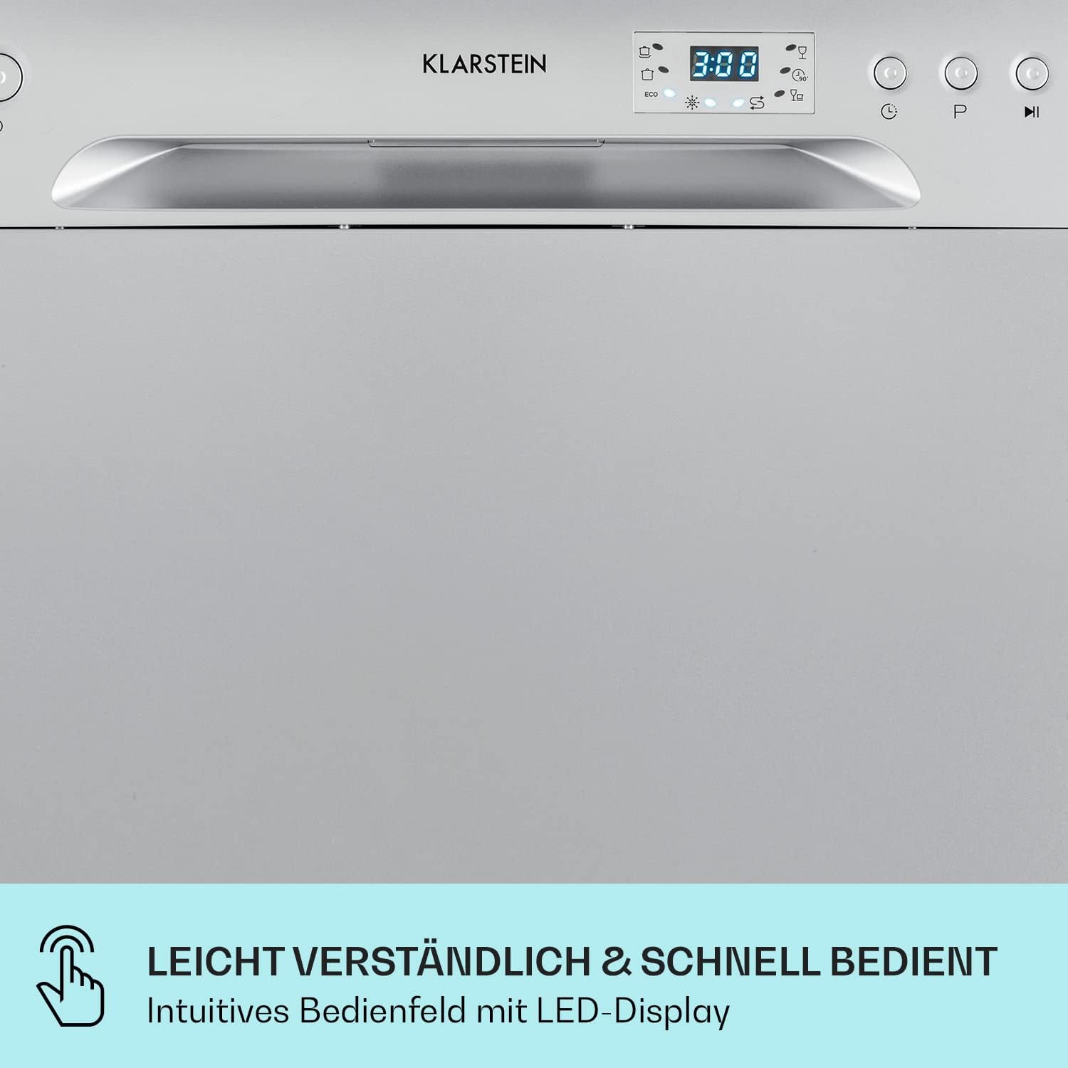 Klarstein  ia 8 - Spülmaschine, Geschirrspüler, Freistehend, Teilintegriert, F, 55 cm breit, 8 Maßgedecke, 6 Programme, Aquastop, silber
