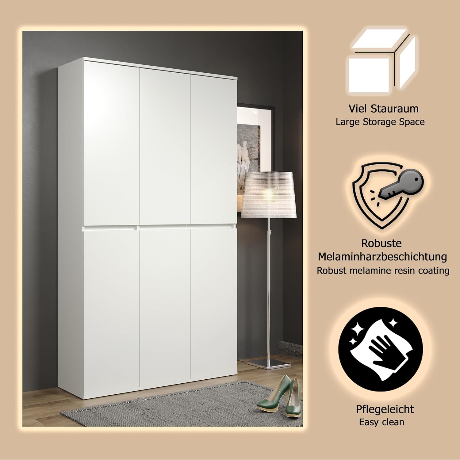 trendteam smart living - Nevada - Mehrzweckschrank - Weiß - Schrank mit 6 Türen, 12 Einlegeböden und 1 Kleiderstange - (BxHxT) 111 x 191 x 34 cm - grifflose Türen