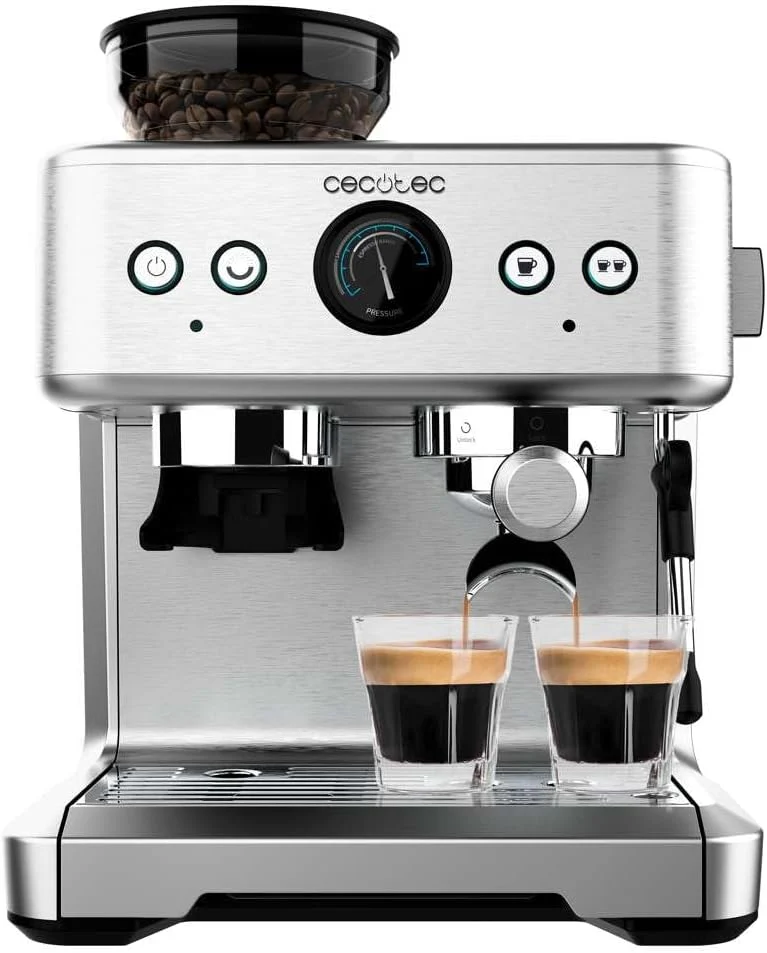 Cecotec Cafetera Express Barista Power Espresso 20 Barista. 2250W, 20 Bares, Manometro y 2 Thermoblocks, Depósito de Café en Grano, Molinillo con 20 Niveles, Vaporizador