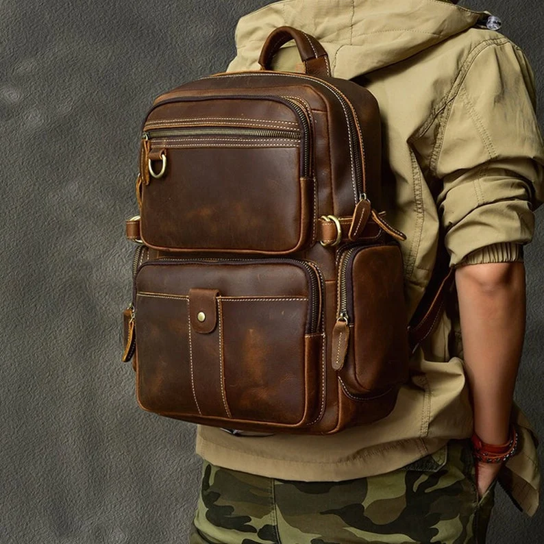Mens Full Grain Leather 14 Inches Laptop Backpack