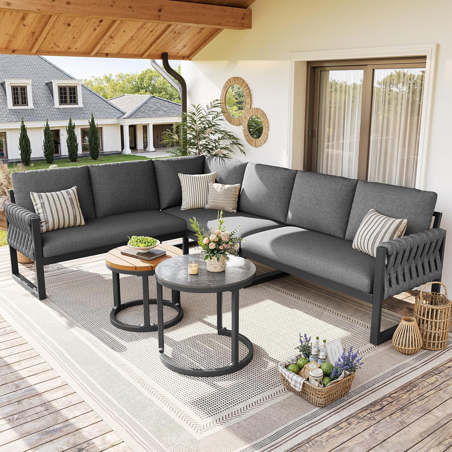 Gartenmöbel Set Lounge möbel Outdoor für 5-6 Personen, Metal, mit L-förmig gartensofa und Tisch, inklusive Aller Sitz- und Rückenkissen für Balkon Garten Terrasse (Grau)