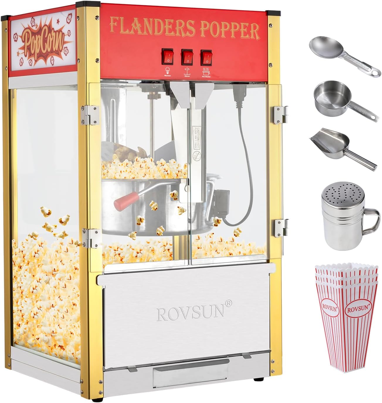ROVSUN Popcorn Machine with 16 Ounce Kettle ETL Certified, Vintage Popcorn Maker Commercial Popcorn Machine Countertop w/Stainless Steel Scoop, Oil Spoon & 3 Popcorn Cups for Home Movie Theater, Red