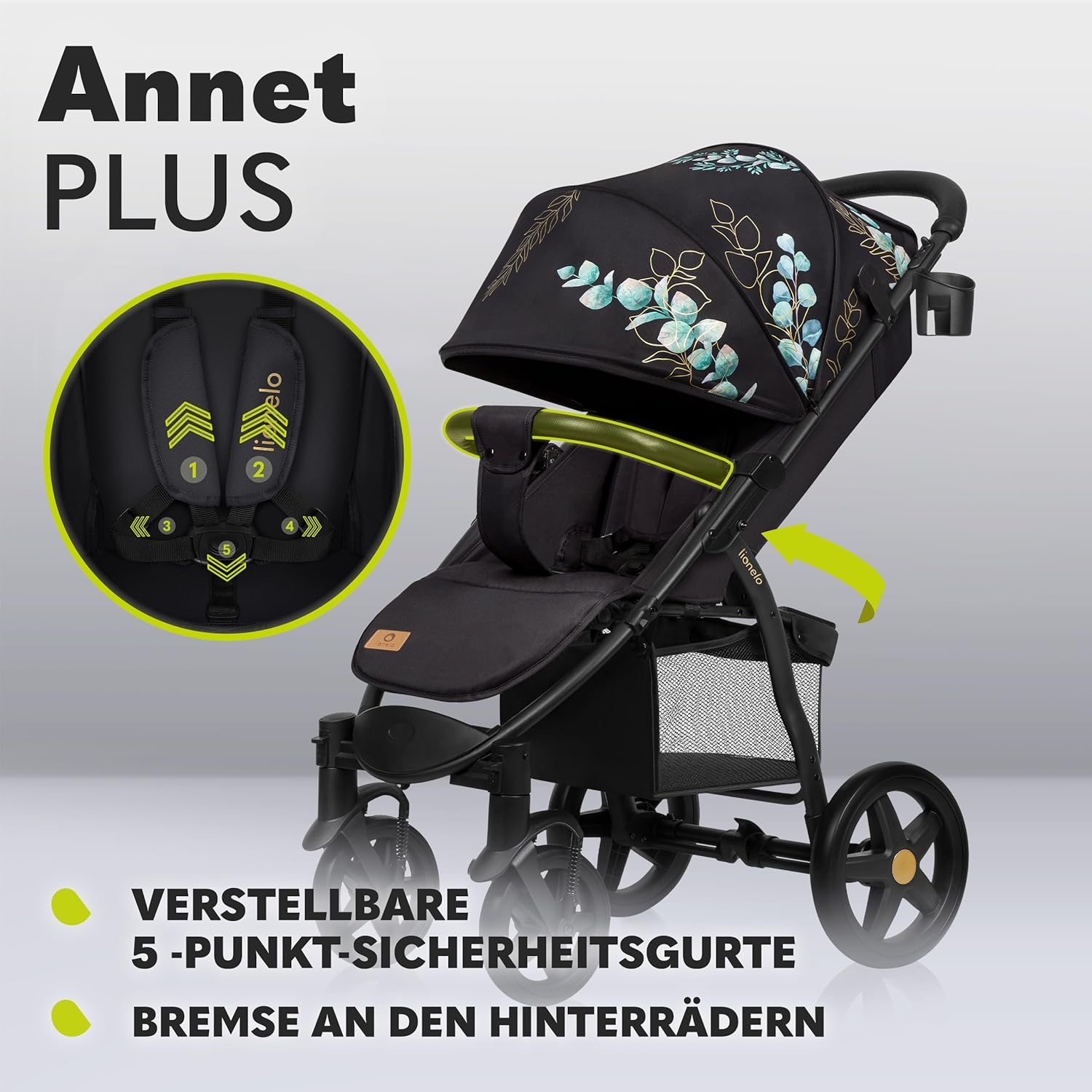 LIONELO Annet Plus Buggy bis 22 kg mit Liegefunktion, Kinderwagen klein zusammenklappbar mit Zubehör, Eva-Schaum-Räder, Moskitonetz, Fußdecke Getränkehalter, Korb