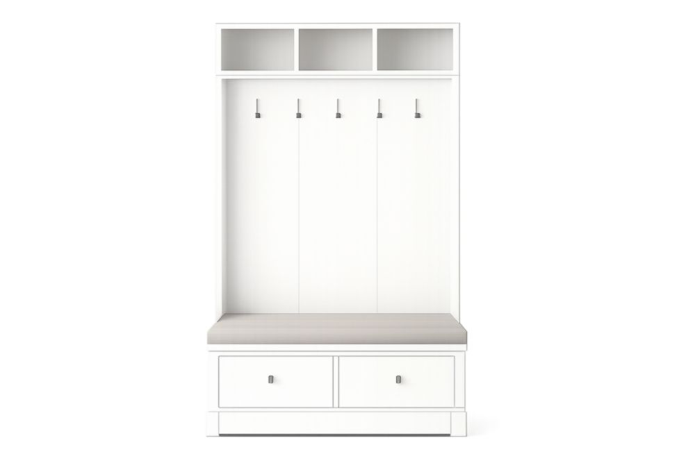 White MDF Coat Rack with Grey Cushion, 5 Hooks, 2 Drawers, 3 Storage Compartments, 200cm x 100cm x 40cm
