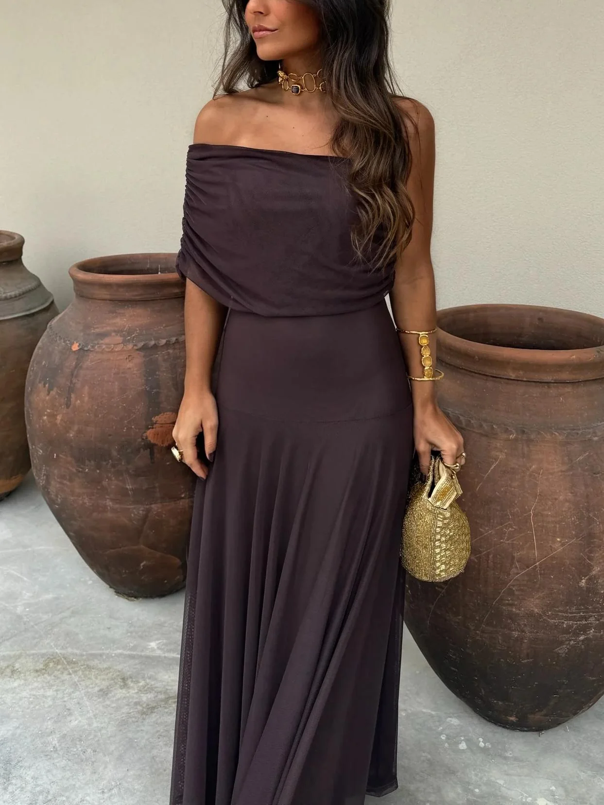 Off-Shoulder-Maxikleid mit Chiffon-Overlay f��r Damen