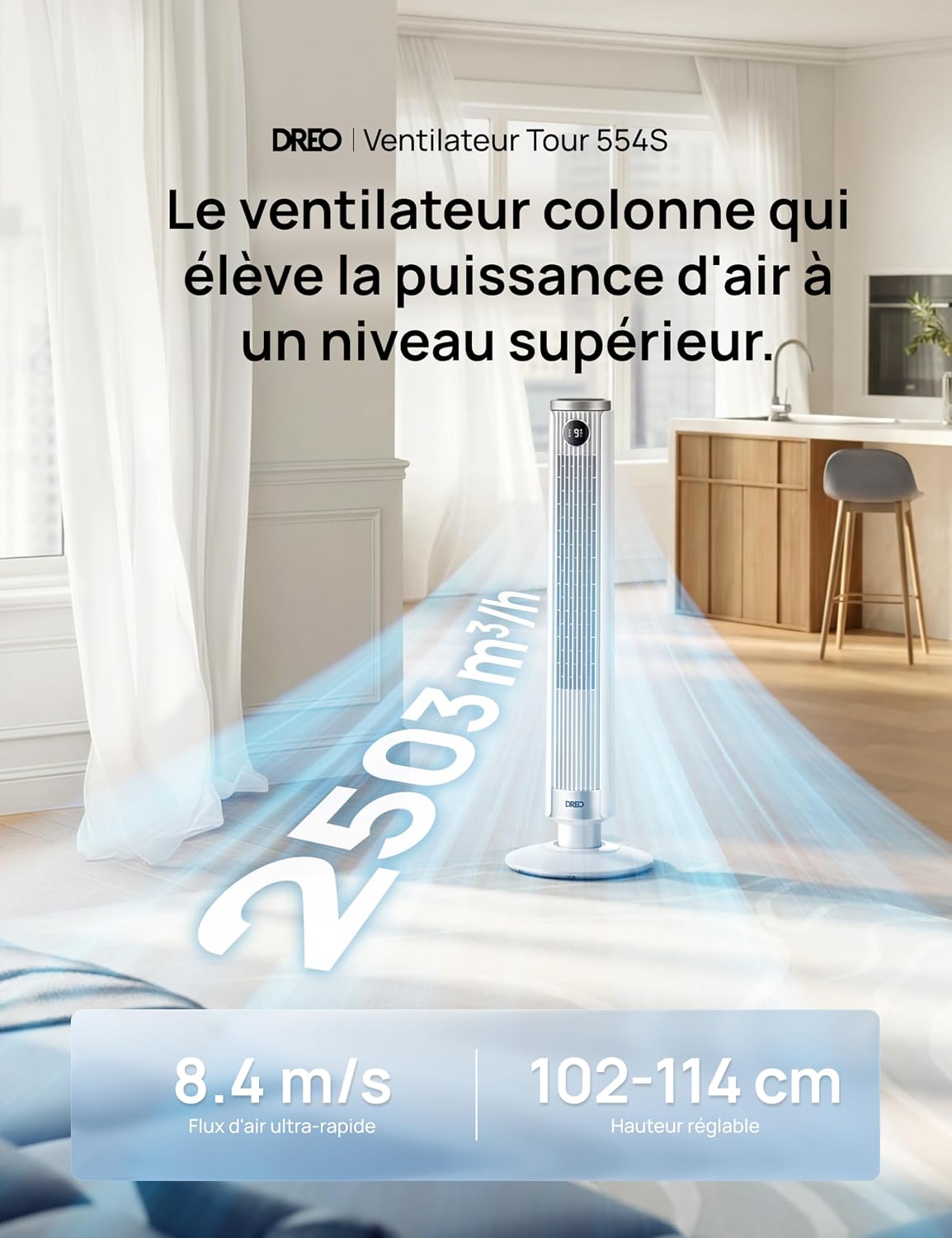 DREO Ventilateur colonne intelligent 554S, ventilateur sur pied réglable 102–114 cm, 8.4 m/s, oscillation 90°, silencieux 20 dB, 9 vitesses, 4 modes, minuterie 12 h, compatible Google et Alexa