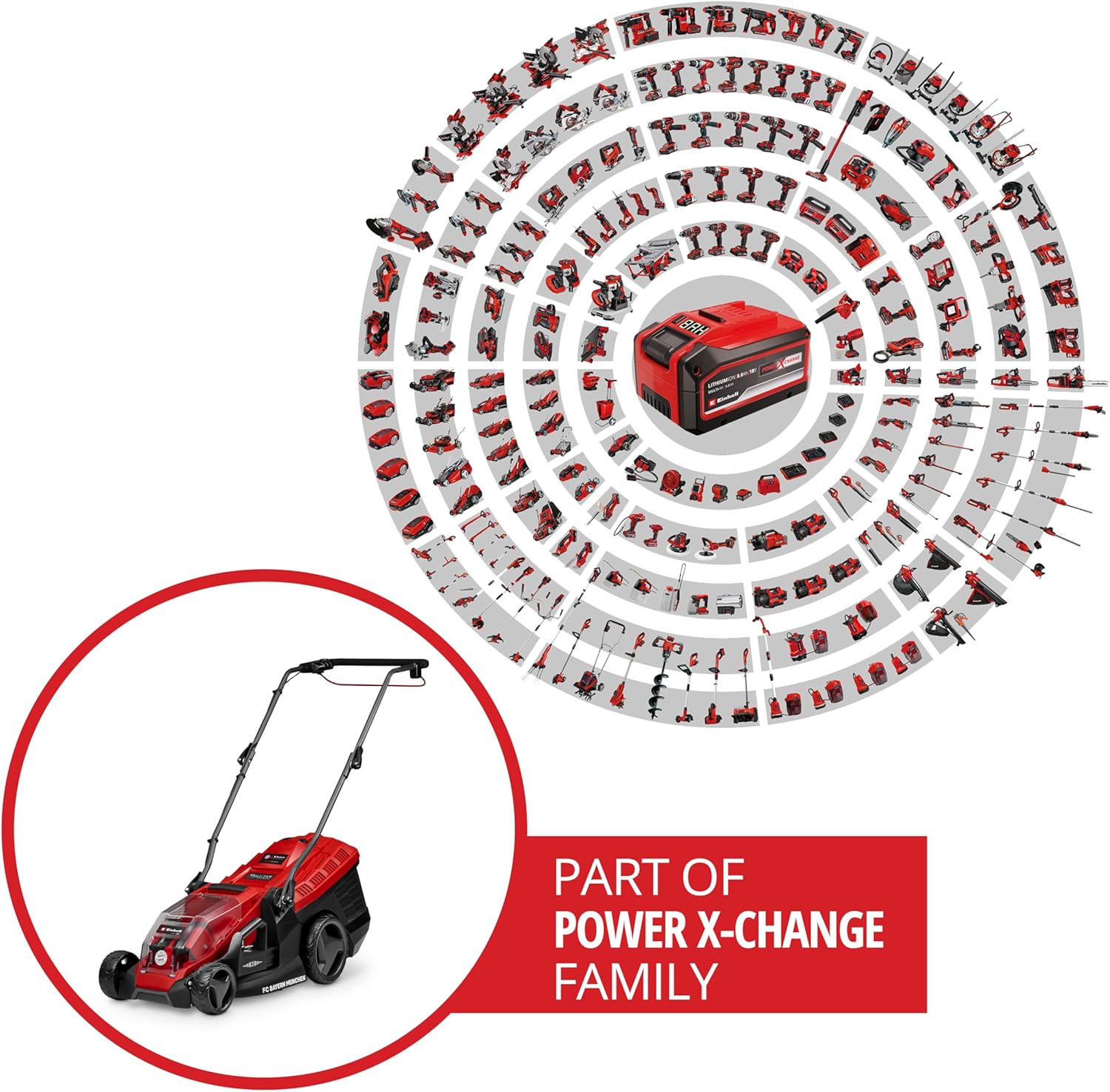 Einhell Akku-Rasenmäher GE-cm 36/36 Li Kit FC Bayern Power X-Change (36 V, 36 cm Schnittbreite, bis 400 m², Brushless, 25-75 mm Schnitthöhe, inkl. 2X 4 Ah Akku und 2X Ladegerät)