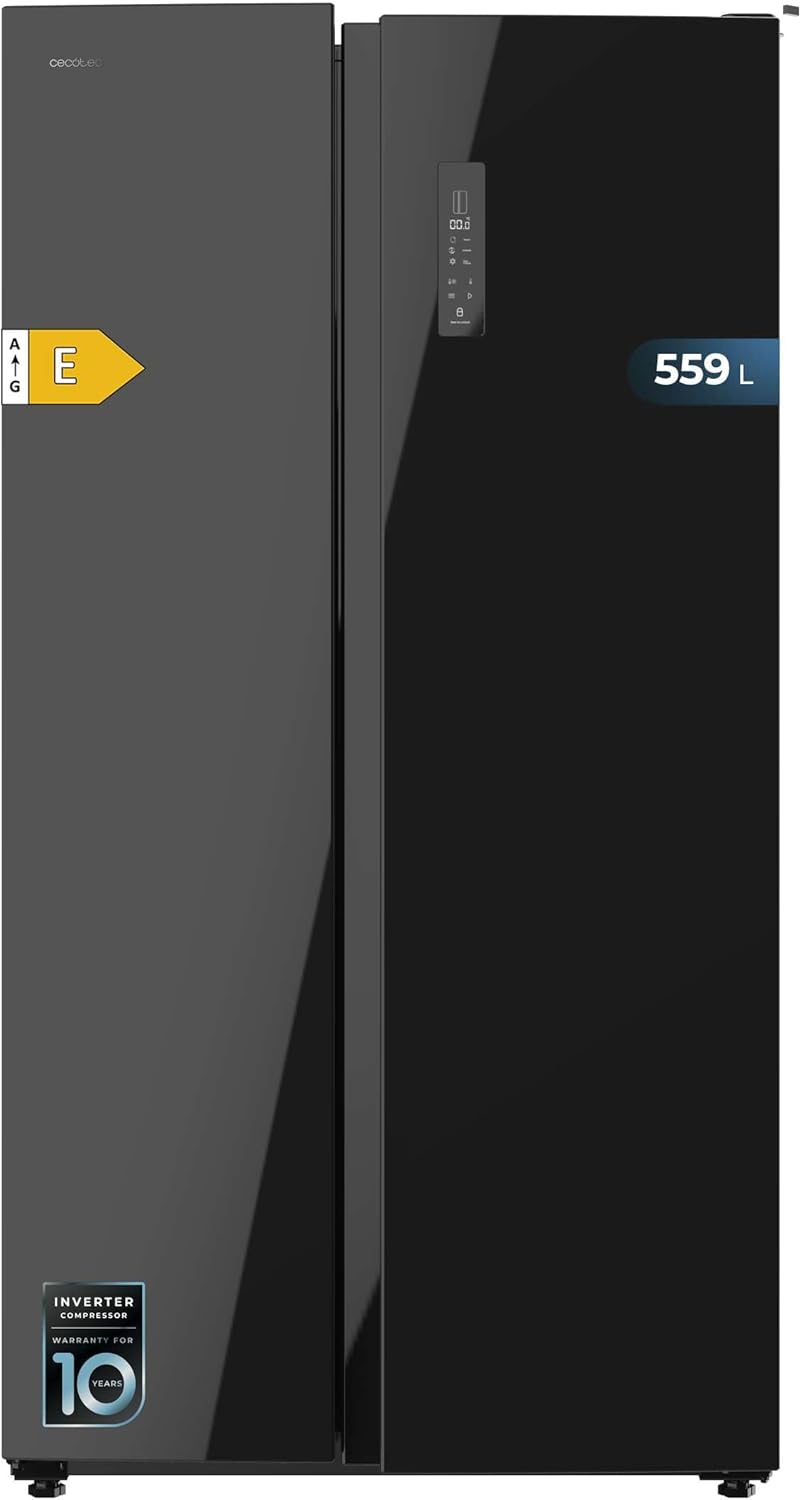 Cecotec Réfrigérateur Américain de 550 Litres Bolero CoolMarket SBS 550 Glass E. 177 cm de Hauteur et 90 cm de Largeur, Système Multi Air Flow, No Frost Total, Moteur Inverter Plus