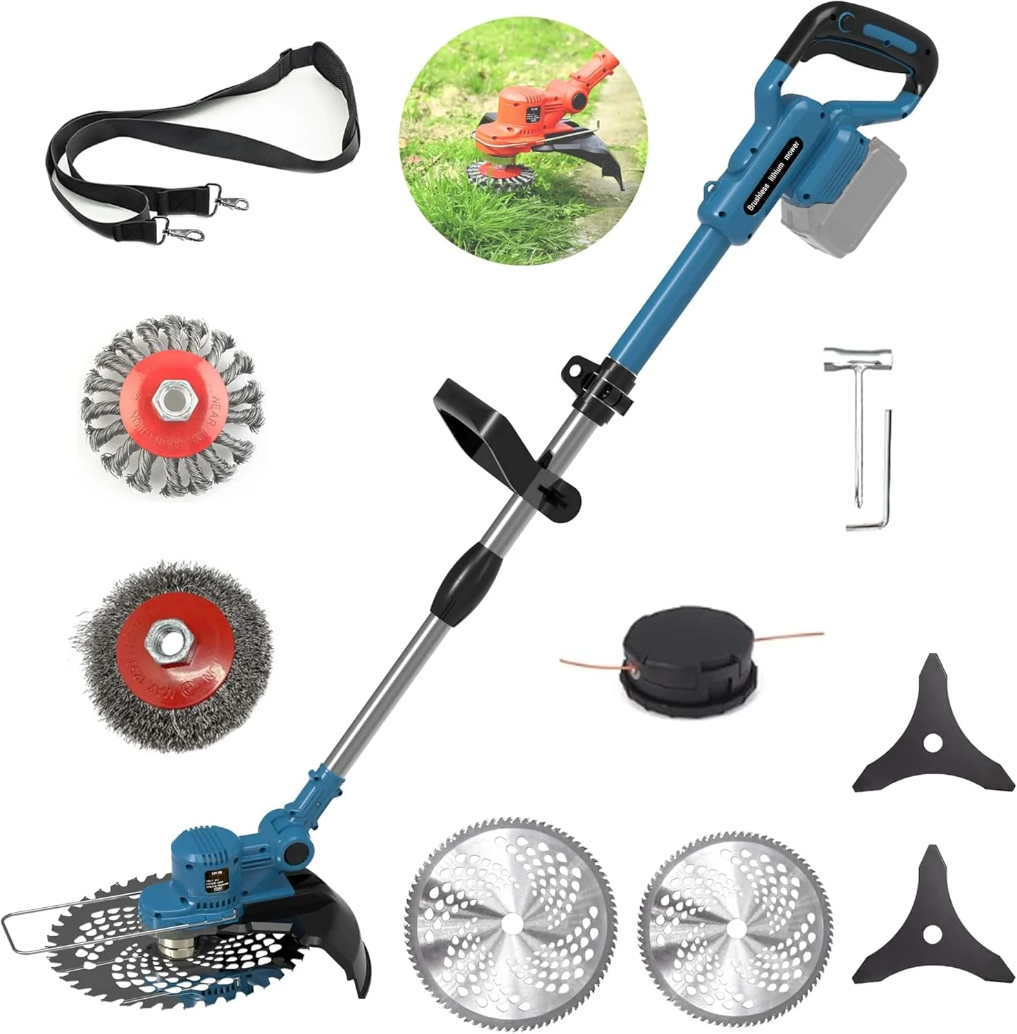 Accu grastrimmer voor Makita accu's met 5 soorten messen, borstelloze grastrimmers met onkruidborstel (zonder accu) (blauw)
