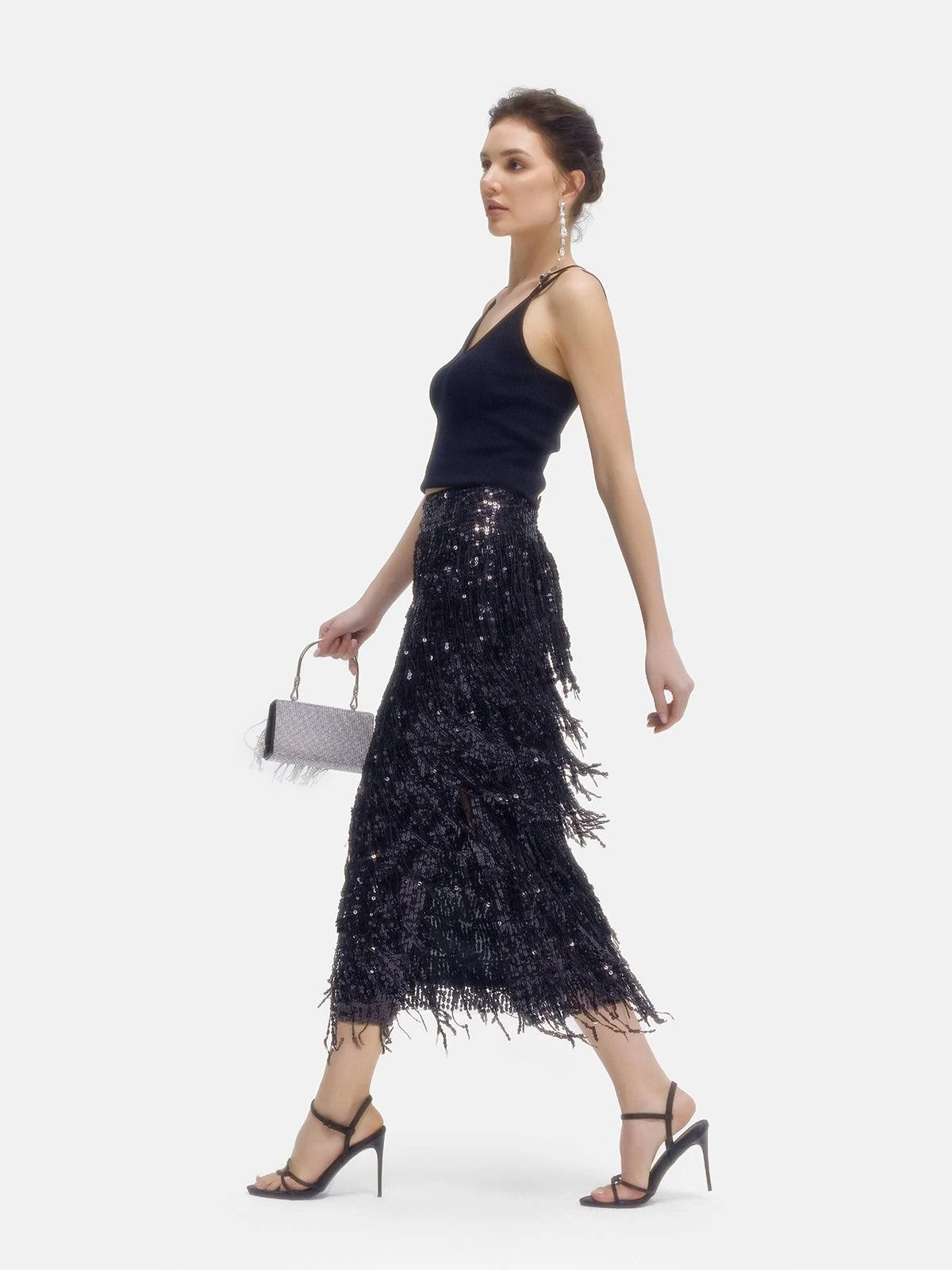 Richradiqs Women’s Glitter Sequin Tassel Midi Skirt in Black/Silver