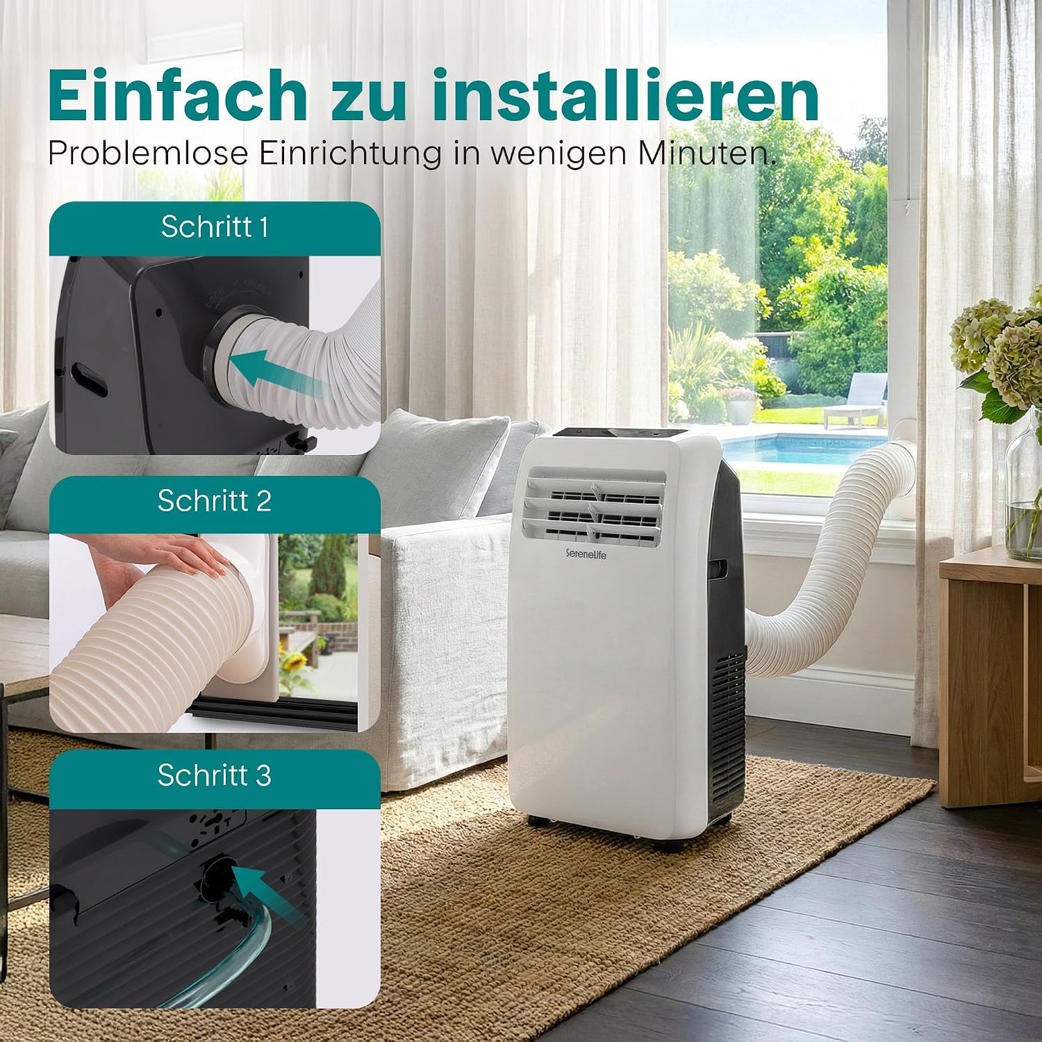 SereneLife Mobile Klimaanlage 3,5 kW 12000 BTU – 51 dB Leises Klimagerät für Schlafzimmer bis 37 m², Angenehme Kühlung an heißen Tagen, mit Entfeuchter, Lüfter & Fernbedienung
