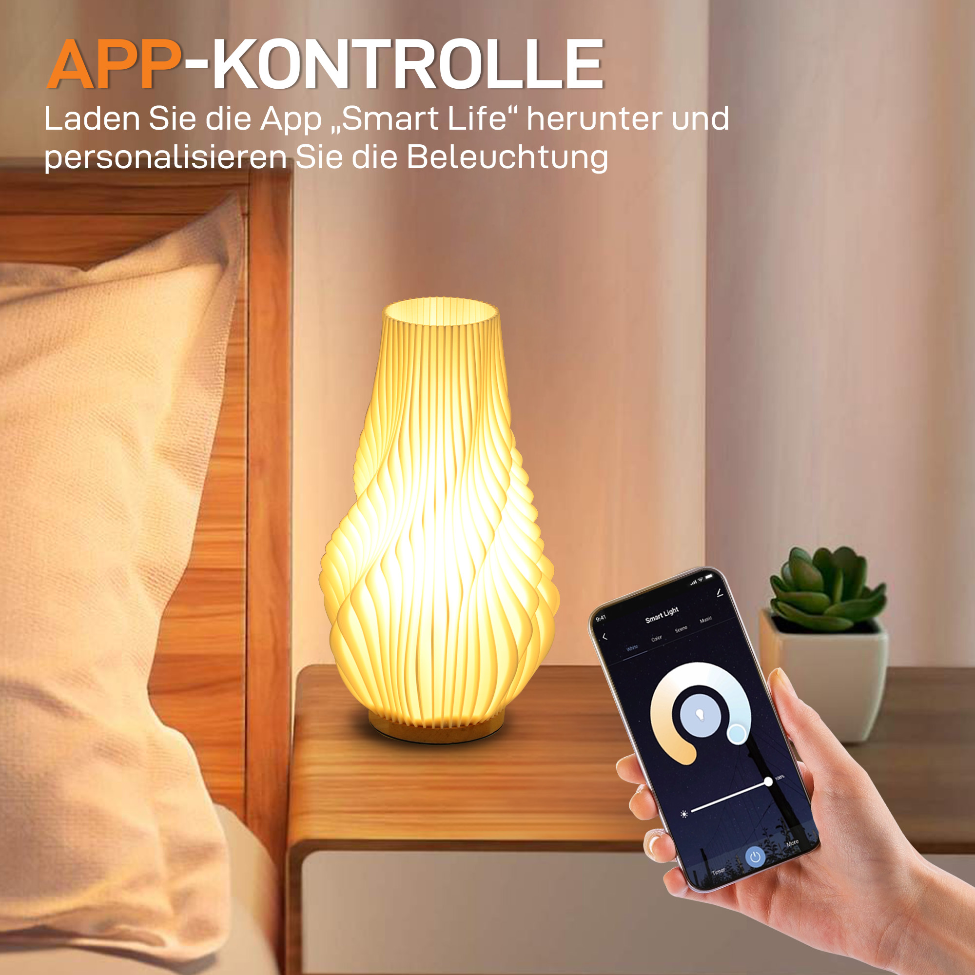 Slimme Tafellamp met App-besturing, Compatibel met Alexa, Kunststof, Hout, Wit