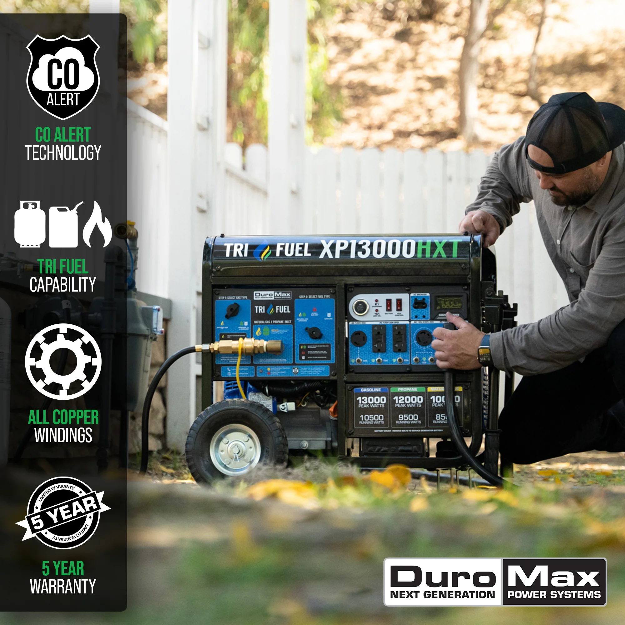 13.000 Watt draagbare drievoudige brandstof HXT generator met CO-alarm