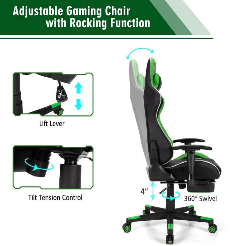 Led Massage Gaming Chair Height Adjustable Racing Computer Office Chair With Footrest Ergonomic High Back Pu Swivel Game Chair - Comfortable And Ergonomic Design
