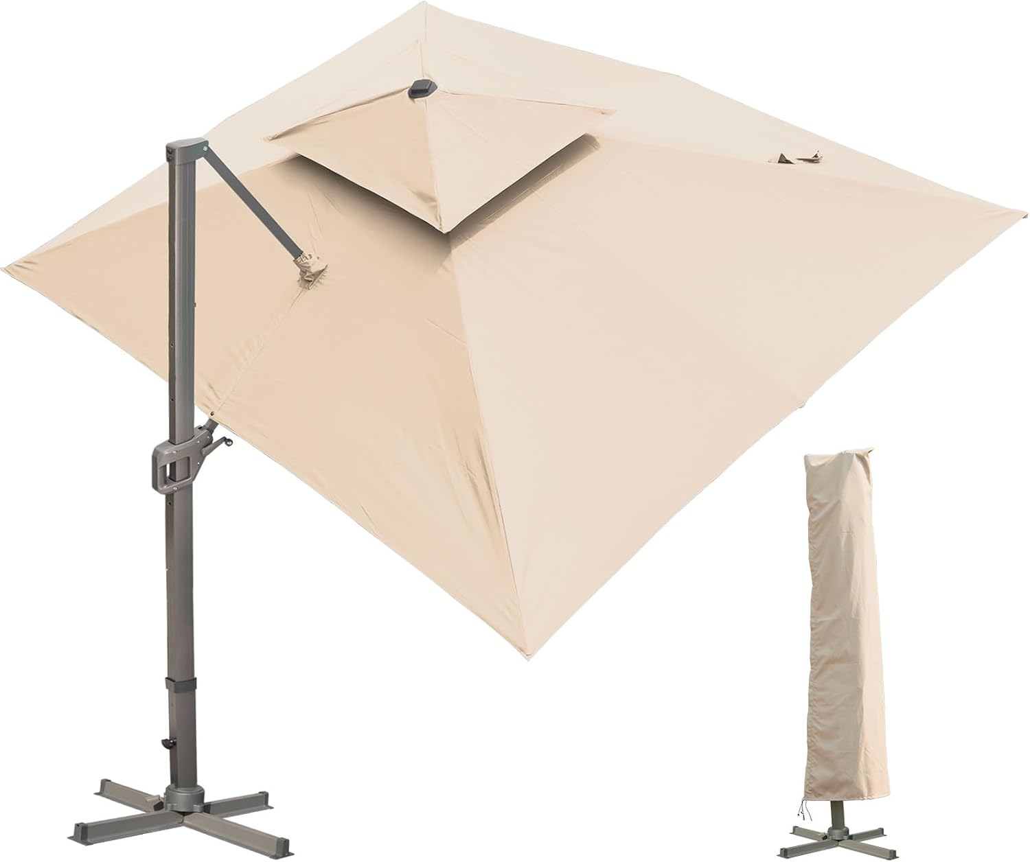 LKINBO Sonnenschirm 300 x 400 cm Rechteckig mit Ständer und Kurbel, Groß Ampelschirm Terrassenschirm 360°Drehbar Parasol Windfest Gartenschirm Wasserdicht Marktschirm für Garten Deck Outdoor, Khaki