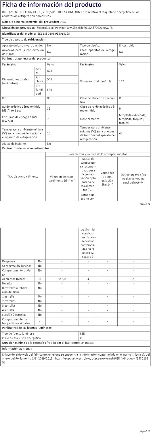 AEG TSK5O881ES Inbouwkoelkast / 880 mm / 142 L / Sleepdeur / E
