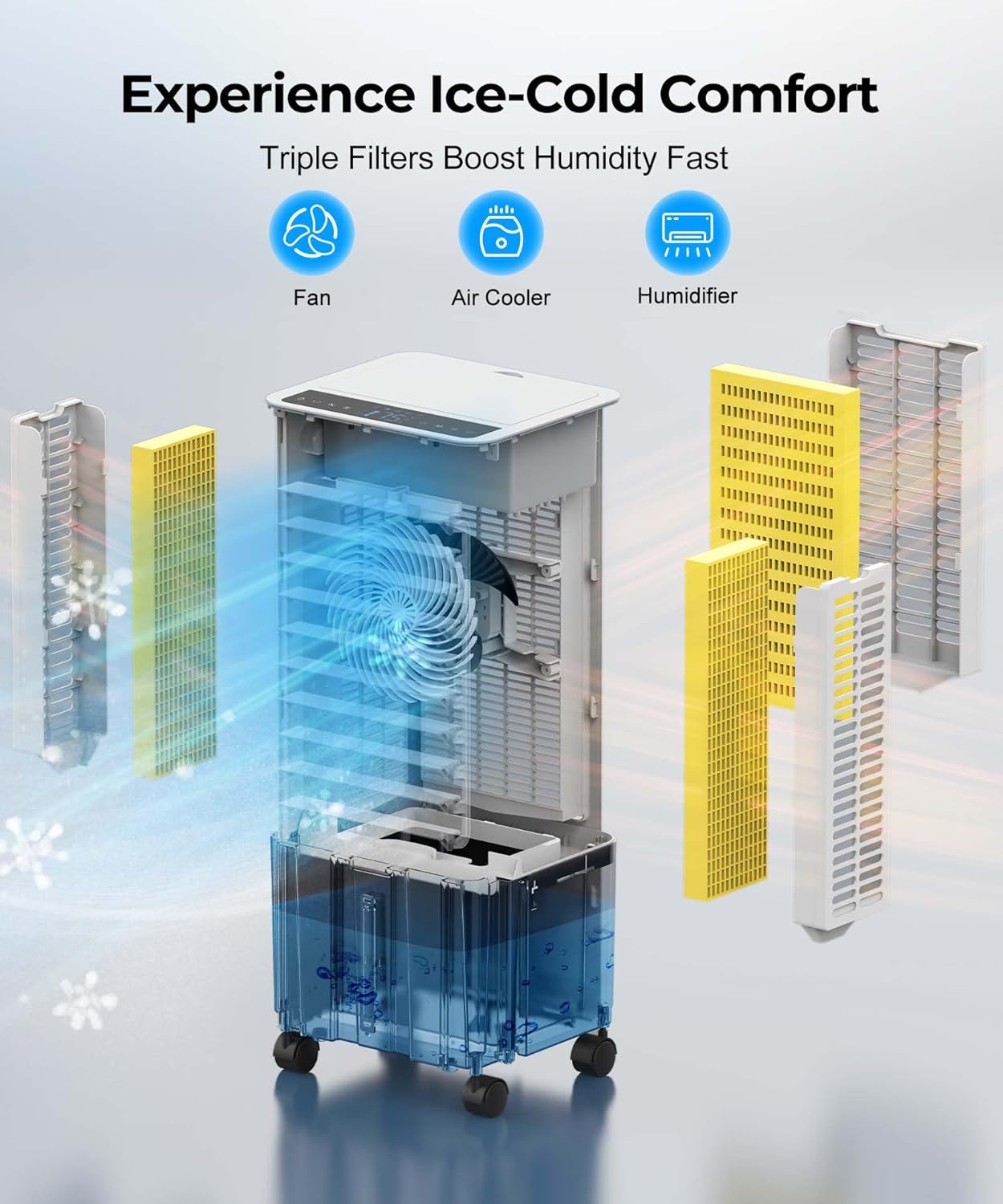 PNTCK Enfriador de aire evaporativo 3 en 1 con 3 velocidades, 4 modos, temporizador de 12 horas, enfriador de oscilación con tanque de 2.1 galones, control remoto, paquetes de hielo, ventilador de