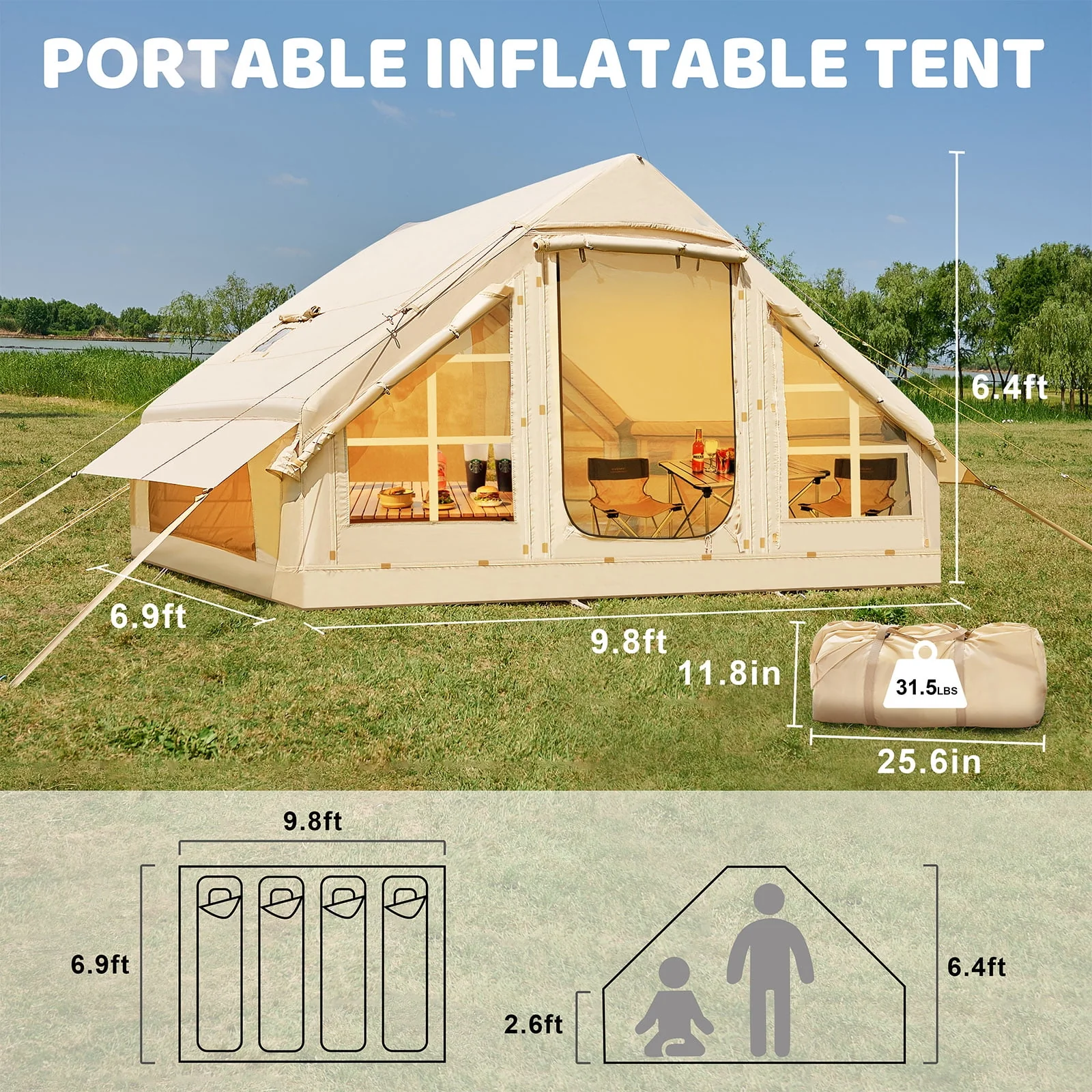 2025 6 Person Inflatable Camping Tent with Pump, 10ft x7ft Glamping Family Tent Easy Setup 4 Season Waterproof Windproof Outdoor Blow Up Tent Luxury Oxford Cabin with Mesh Windows & Doors  sgtnighsdesigns