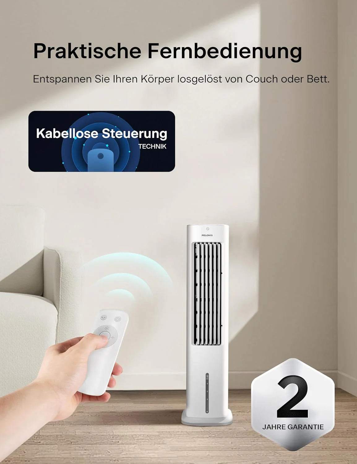 PELONIS Luchtkoeler met waterkoeling, Mobiele airconditioning, 5L Ventilator met waterkoeling, Luchtbevochtiger met afstandsbediening, 355m3/u Airconditioner zonder afvoerslang