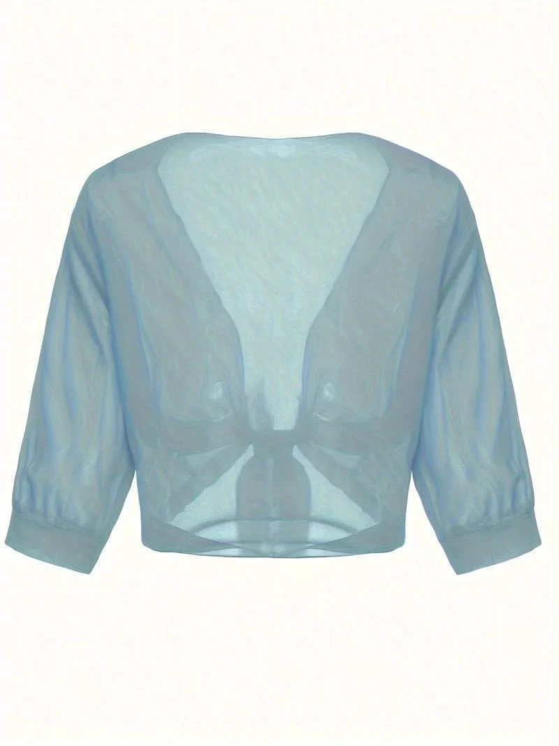 Transparente Damen-Bluse mit Bindeknoten und 3/4-?rmeln