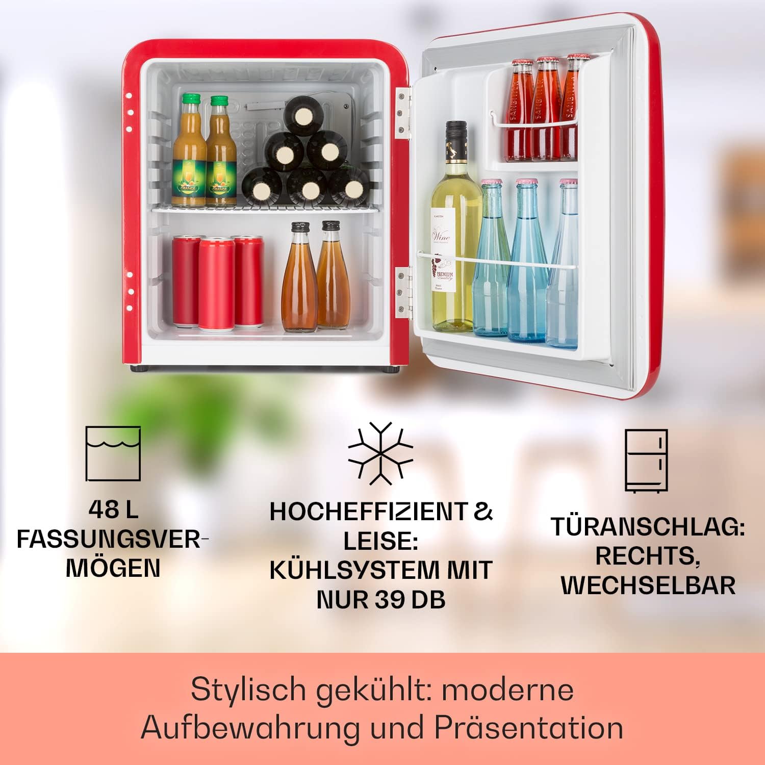 Klarstein Mini Kühlschrank für Zimmer, 48L Mini-Kühlschrank für Getränke, Snacks & Kosmetik, Kleine Minibar, Kühlschrank Klein & Leise, Kleiner Skincare Kühlschrank für Zimmer & Büro 0-10°C