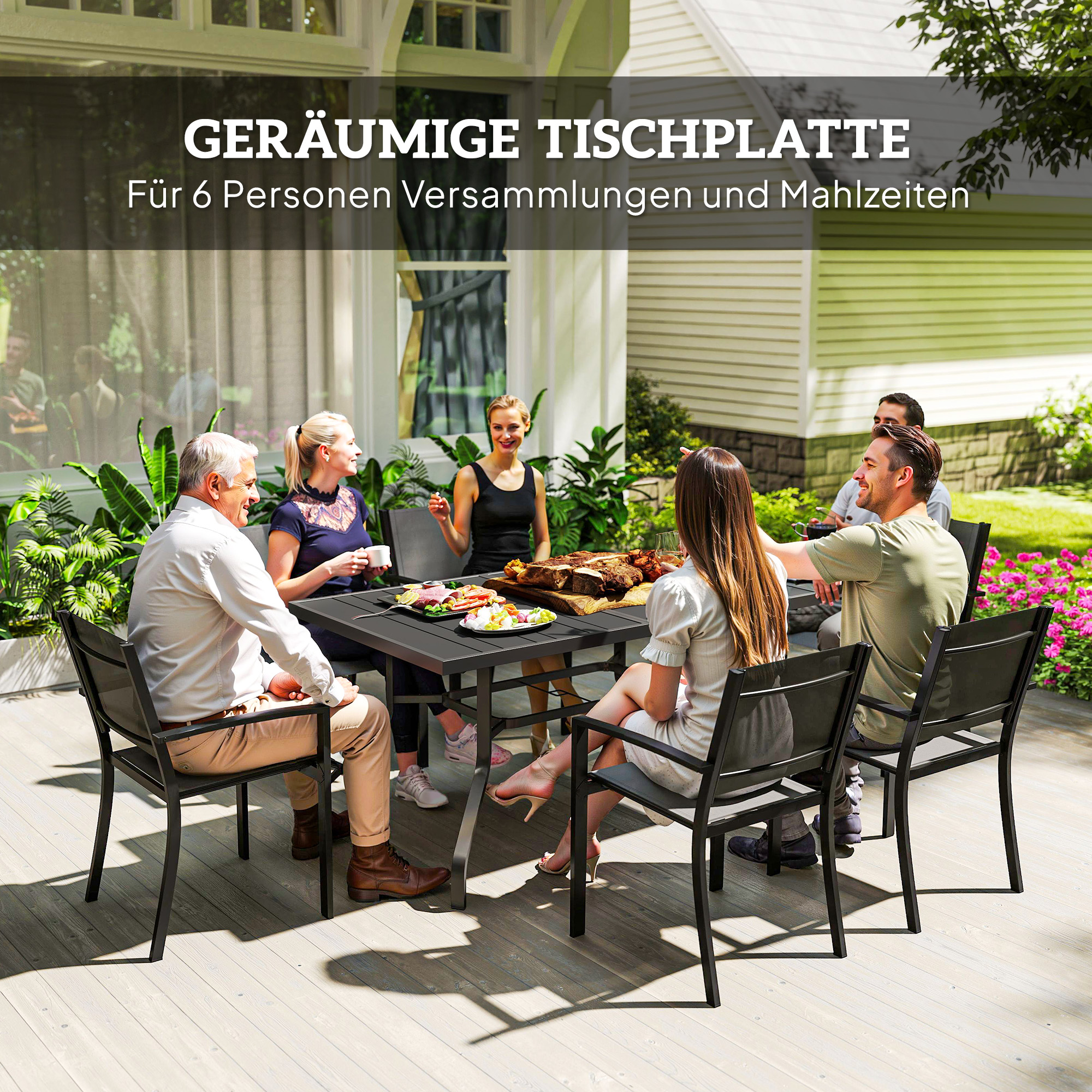 Outsunny Tuintafel 152x90 cm, Weerbestendige Balkontafel van Staal, Bijzettafel met Parasolgat, Lattenontwerp Zwart