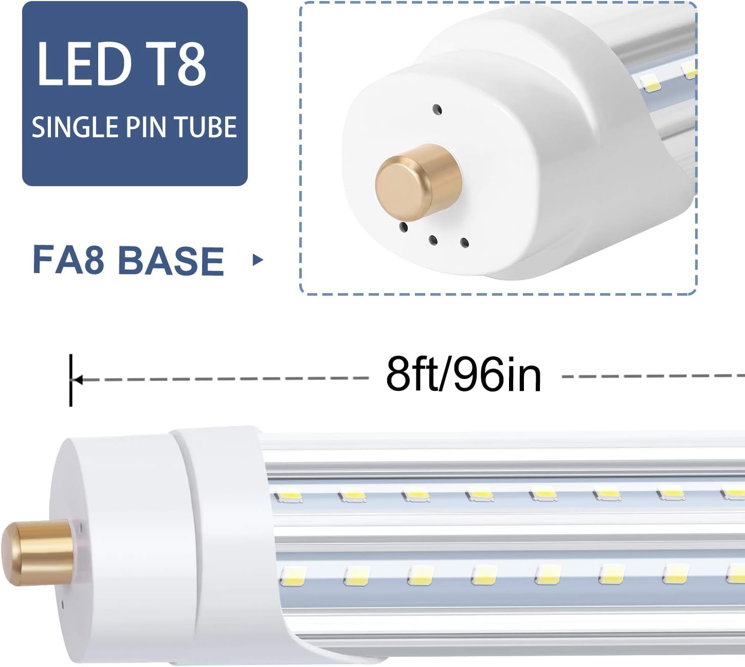 LED-Leuchtmittel, 2,4 m, 90 W, 6000 K, T8 T12, FA8, einpolig, V-förmige LED-Lampen, 270-Grad-Winkel, ersetzt Leuchtstoffröhren, Vorschaltgerät, Bypass-Vorschaltgerät, 6 Stück