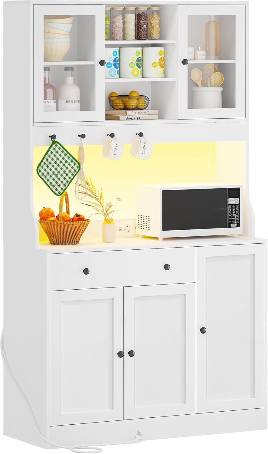 Küchenschrank mit Arbeitsplatte, Sideboard mit LED, Steckdose, Buffetschrank mit Schubladen, Verstellbaren Ablagen, Großer Stauraum, Küche, Wohnzimmer, Esszimmer, 103.5 * 40 * 180 cm, Weiß