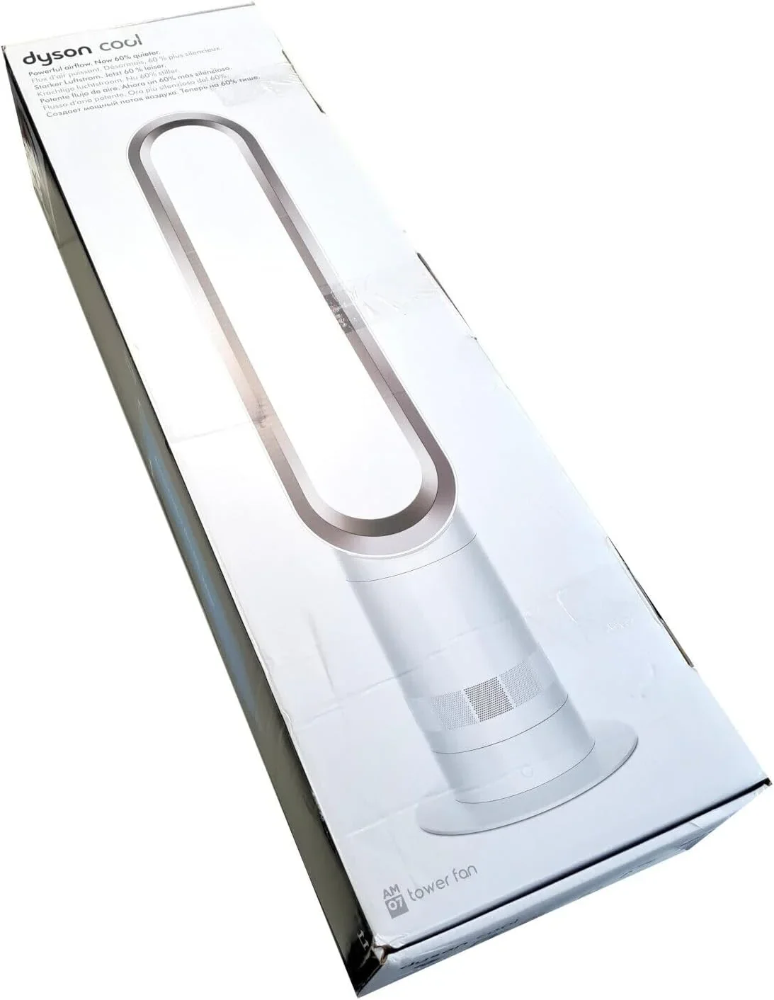 Dyson Cool AM07 Ventilator mit Fernbedienung 100cm, 9h Timer, Turmventilator leise wei?/silber, ENERGIESPAREND, L��fter Standventilator Schlafzimmer, Lautst?rke 48db, 10 Stufen