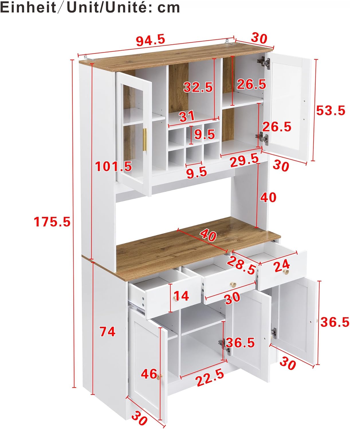 Hochschrank Küche Weiß mit Glasfront, Multifunktionaler Buffetschrank mit Weinablage und Schubladen, Stauraumschrank für Esszimmer Wohnzimmer im Landhausstil