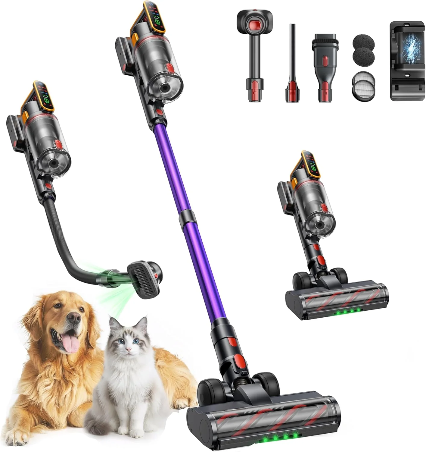 Cordless Vacuum Cleaner 55KPa 650W 70Mins Stick Vacuum Cleaners for Home with Pet Brush. 3.3Ft Hose. Wall Mount Charging. Auto Mode. Touchscreen. Self-Standing Vacuum for Pet Hair/Carpet/Car. Ultra10