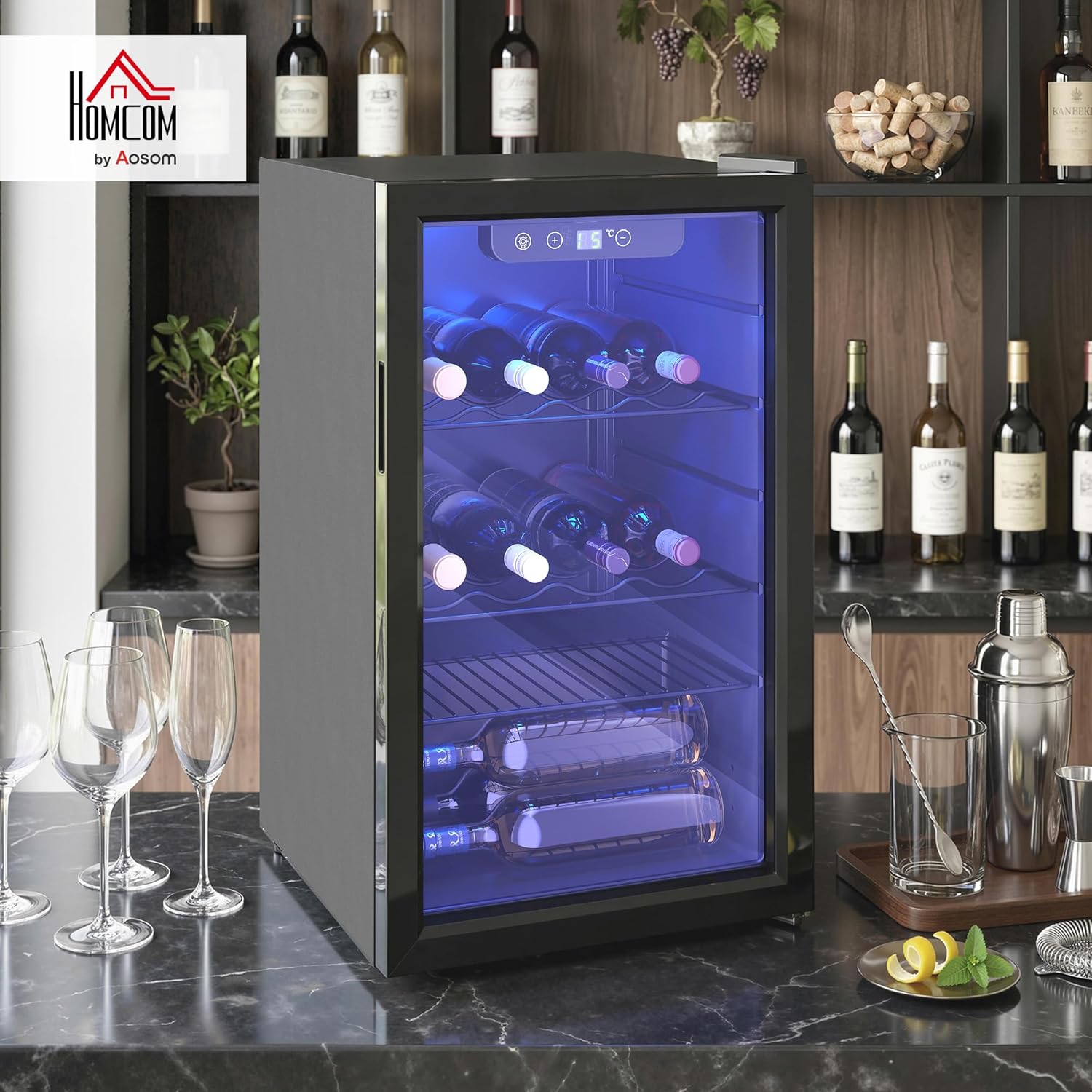 HOMCOM Weinkühlschrank 24 Flaschen, 68 Liter Weinschrank Klein, Getränkekühlschrank Flaschenkühlschrank mit Doppelglas-Tür, 4-16°C, LED-Beleuchtung, Digitalem Touchscreen, Wine Fridge, Schwarz
