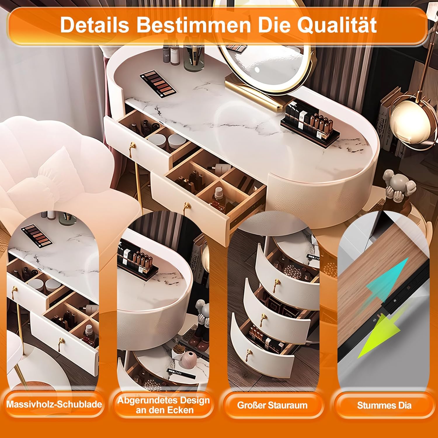 Weiß Große Schminktisch, Kosmetiktisch mit 3 Farbmodi Beleuchtung Spiegel und Hocker, Schminktische Make Up Tisch, 5 Schubladen Frisierkommode, Sich Flexible Montage Frisiertisch (Grau B, 100cm)