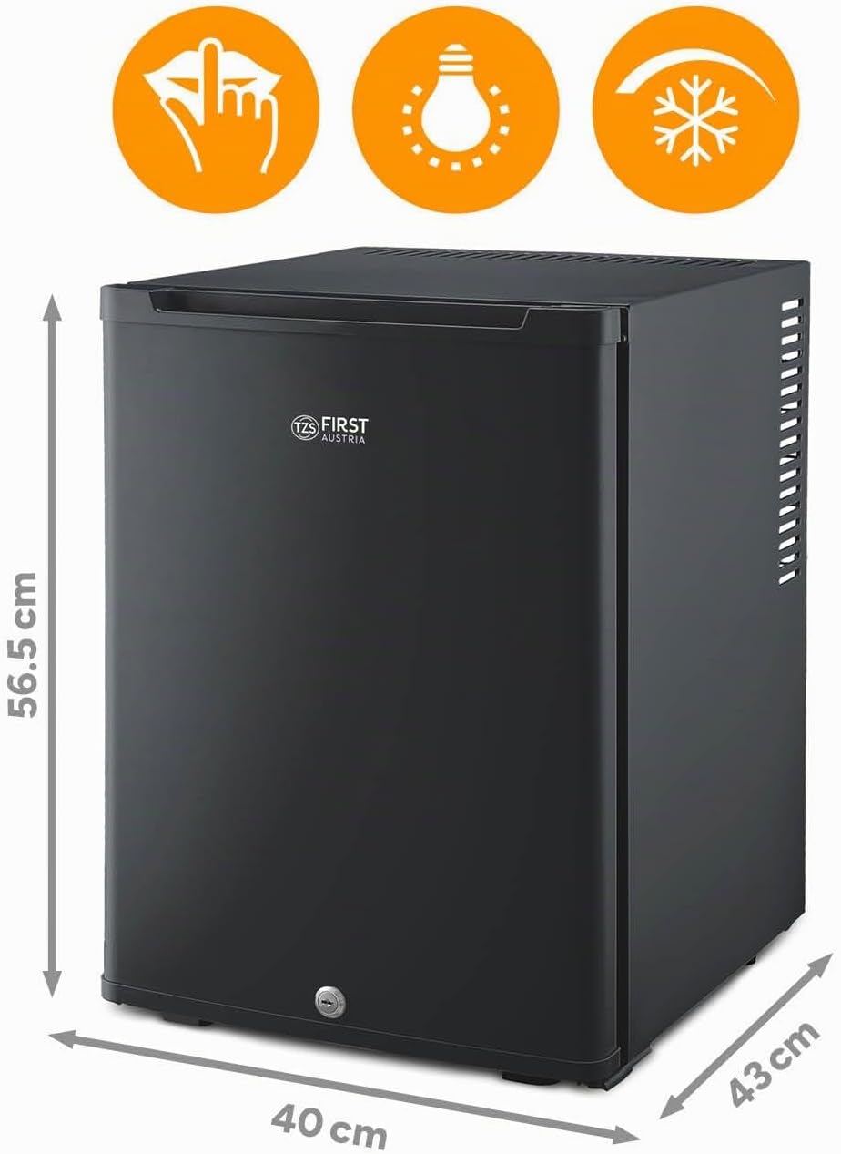 TZS First Austria - Mini réfrigérateur 40L silencieux - Petit mini-frigo avec porte réversible et lumière intérieure - Minibar pour camping, bureau, chambre & hôtel - Noir mat
