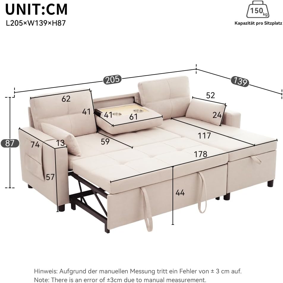 3 Seater Sofa with Bed Function, L-Shaped Corner Sofa with Pull Out Bed and Folding Cup Holder, Convertible Sofa with Container Compartment, Sectional Sofa, 3 Seater Sofas, Linen