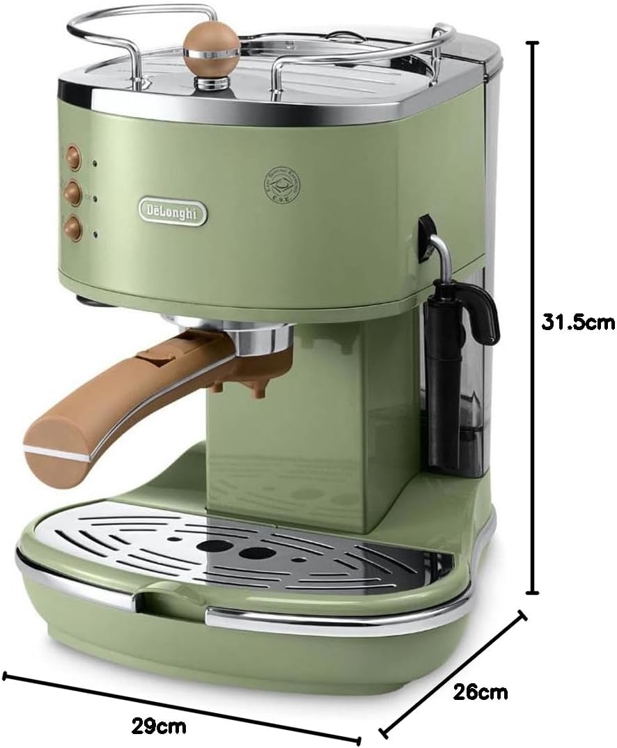 De'Longhi Icona Vintage ECOV 311.GR – Espresso Siebträgermaschine im RetroLook, Espressomaschine mit manuellem Milchaufschäumer, für Kaffeepulver oder ESE Pads, 1,4 l Wassertank, grün