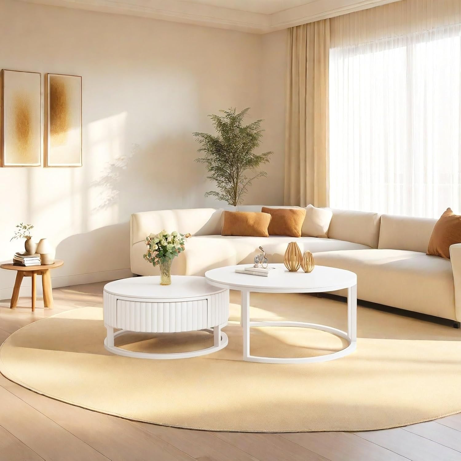 2er Set Couchtisch Rund Weiss 50+70cm Wohnzimmertisch Weiß Runder Couchtisch Mit Stauraum Marmor Beistelltisch Stabilem Metallgestel Satztische Fürs Wohnzimmer Einfache Aufbau Für Schlafzimmer Büro