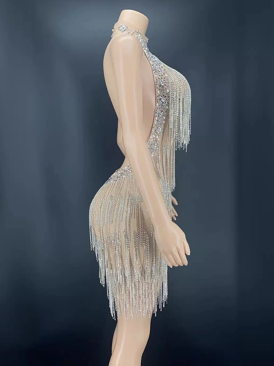 Silver Crystal Fringe Off Shoulder Mini Evening Dress