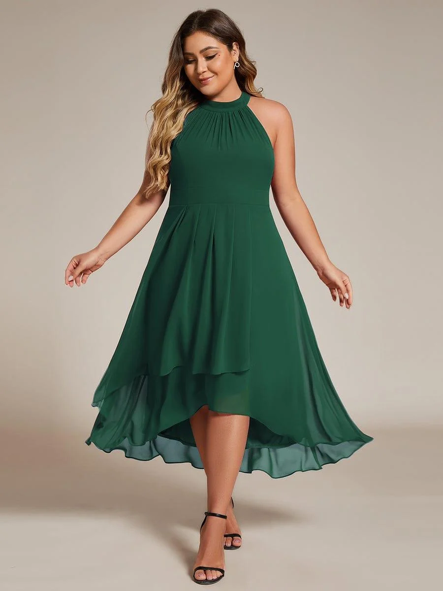 Damen Chiffon Midi-Kleid in A-Linie | Festliches Halterneck Kleid mit Plissee-Details | Sommerliches Kleid f��r Hochzeitsg?ste