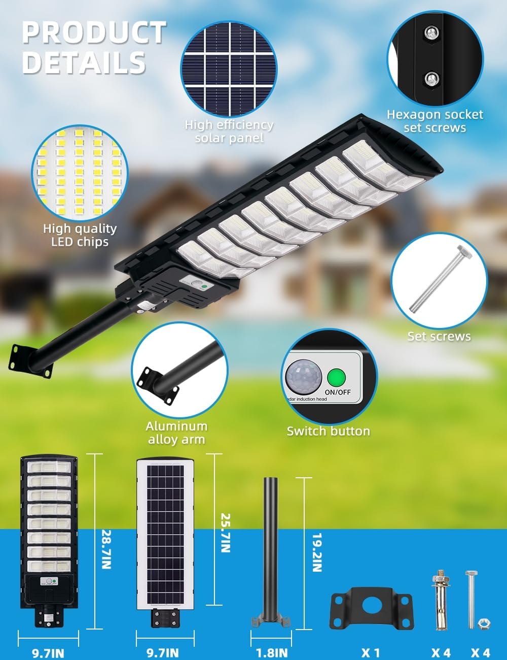 Sararoom 800W Solar Straßenlaterne, 720 LED Strassenlaterne Außenleuchte, Solarlampen Außen mit Bewegungsmelder - 4er 6500K IP65 Wasserdicht Solarstrahler Sicherheitsleuchte für Garten Garage Hof Wege