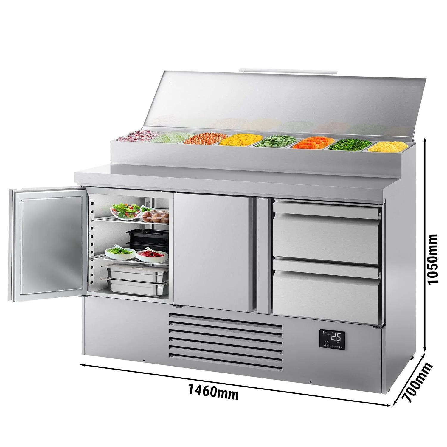 Saladette - 1460x700 mm - 2 dører og 2 skuffer - med lokk - for 8x GN 1/4