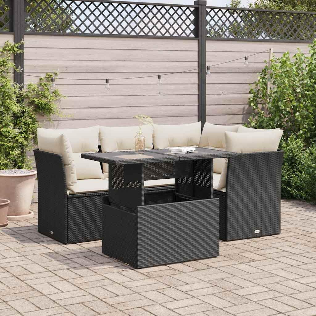 vidaXL 5-TLG. Garten-Sofagarnitur mit Kissen Schwarz Poly Rattan, Outdoor Sofa Set, Outdoor Sofagarnitur, Garten-Lounge-Set, Garten Sofagarnitur
