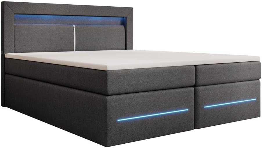 Boxspringbett Nera 180x200 Doppelbett Polsterbett Bett mit LED, USB und Stauraum | Bezug: Stoff | Farbe: Grau | Härtegrad: H4 (100kg+)