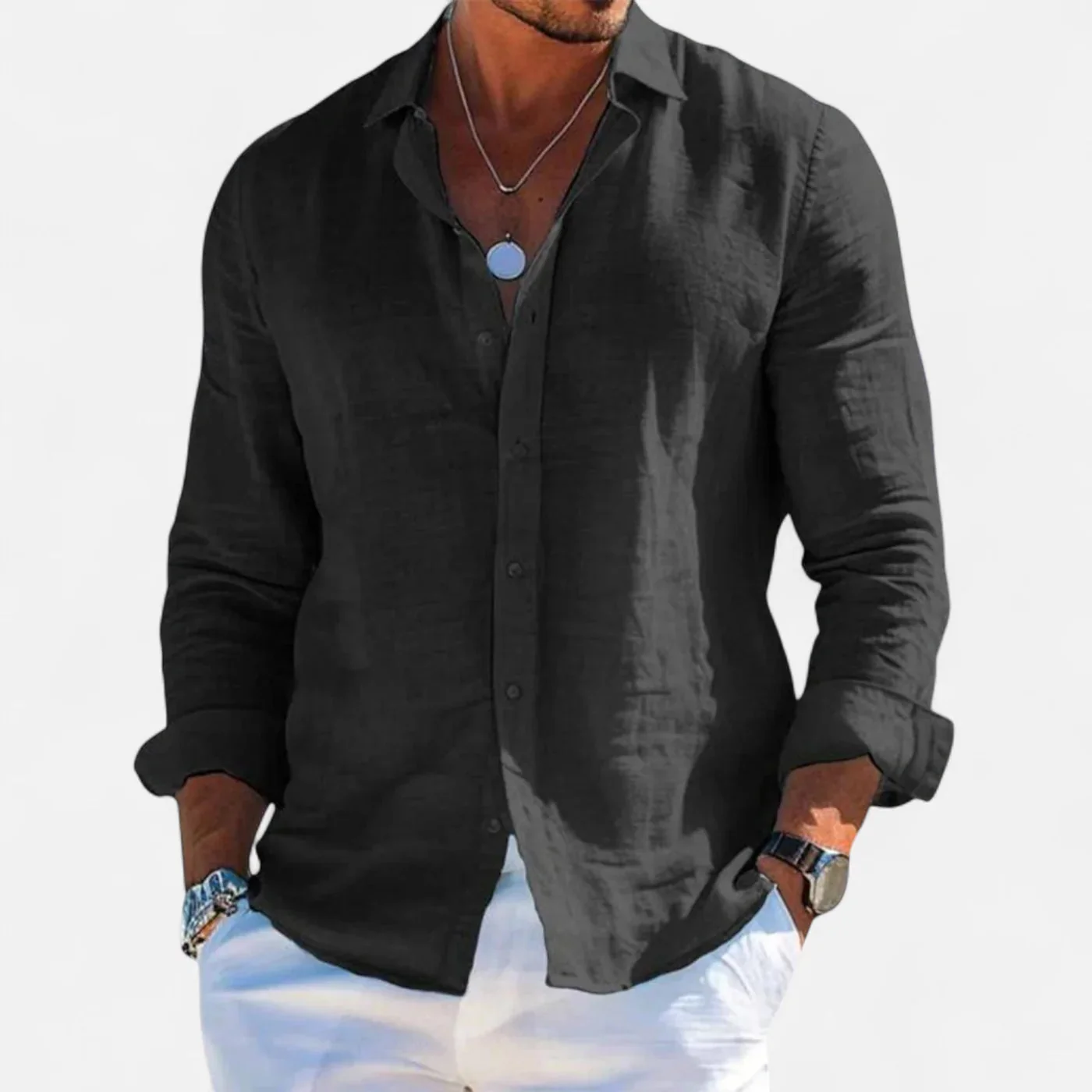 Leinen-Sommerhemd �C Button-Down mit Krempel?rmeln f��r Herren