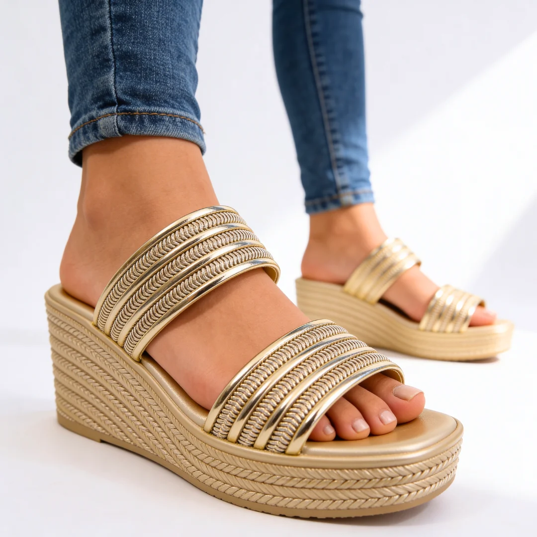Gl?nzende Metallic-Espadrilles-Keilsandaletten f��r Damen