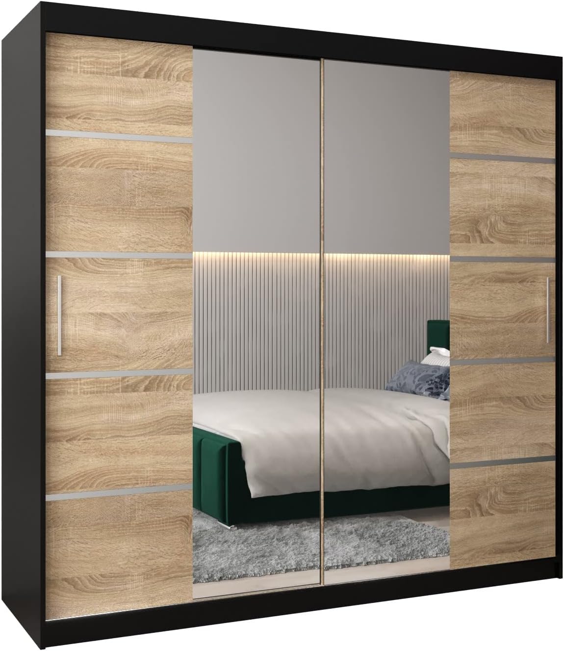 ABIKSMEBLE Verona 4 200 Bedroom Wardrobe with Three Sliding Doors – Modern Storage Cabinet with Mirror, Coat Rack and Shelves – 200 x 200 x 62 cm – Matte Black + Sonoma