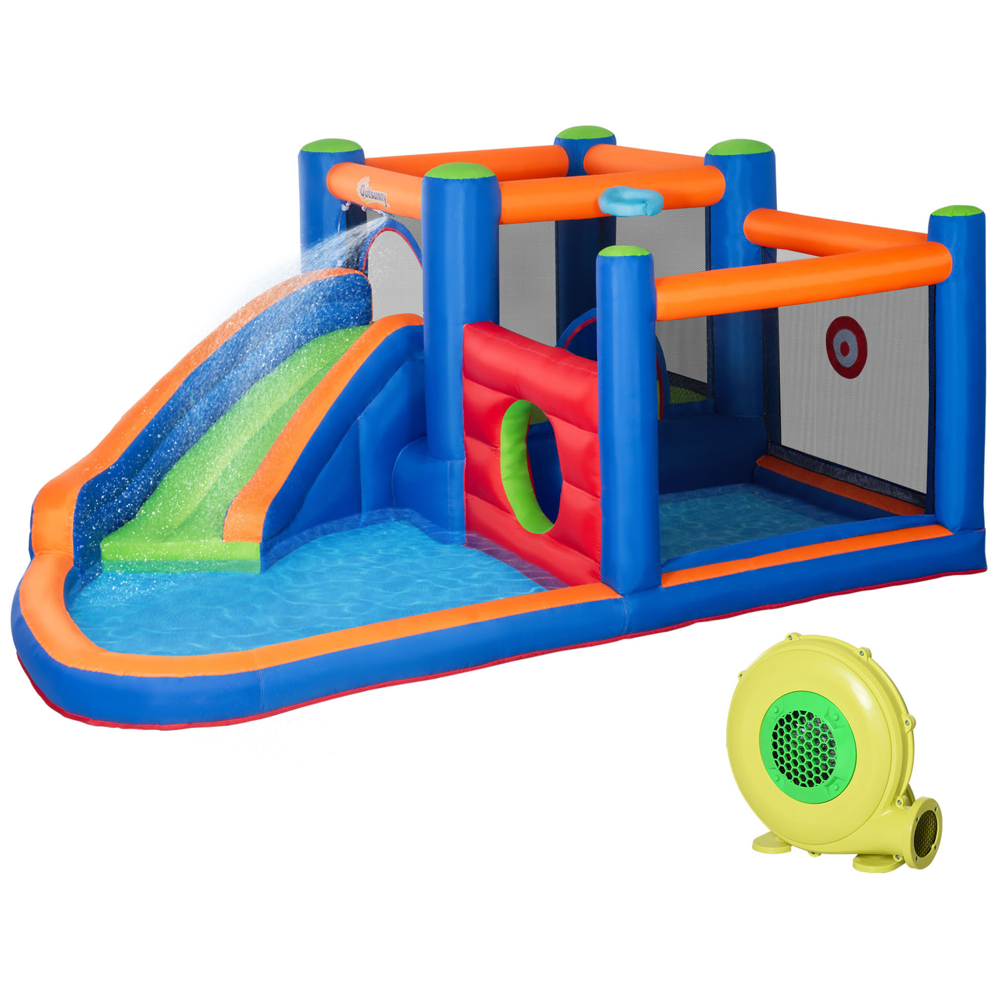springkasteel, met ruches, springkussen, zwembad, opblaasbaar, incl. elektrische pomp, voor maximaal 3 kinderen, 380 x 340 x 170 cm